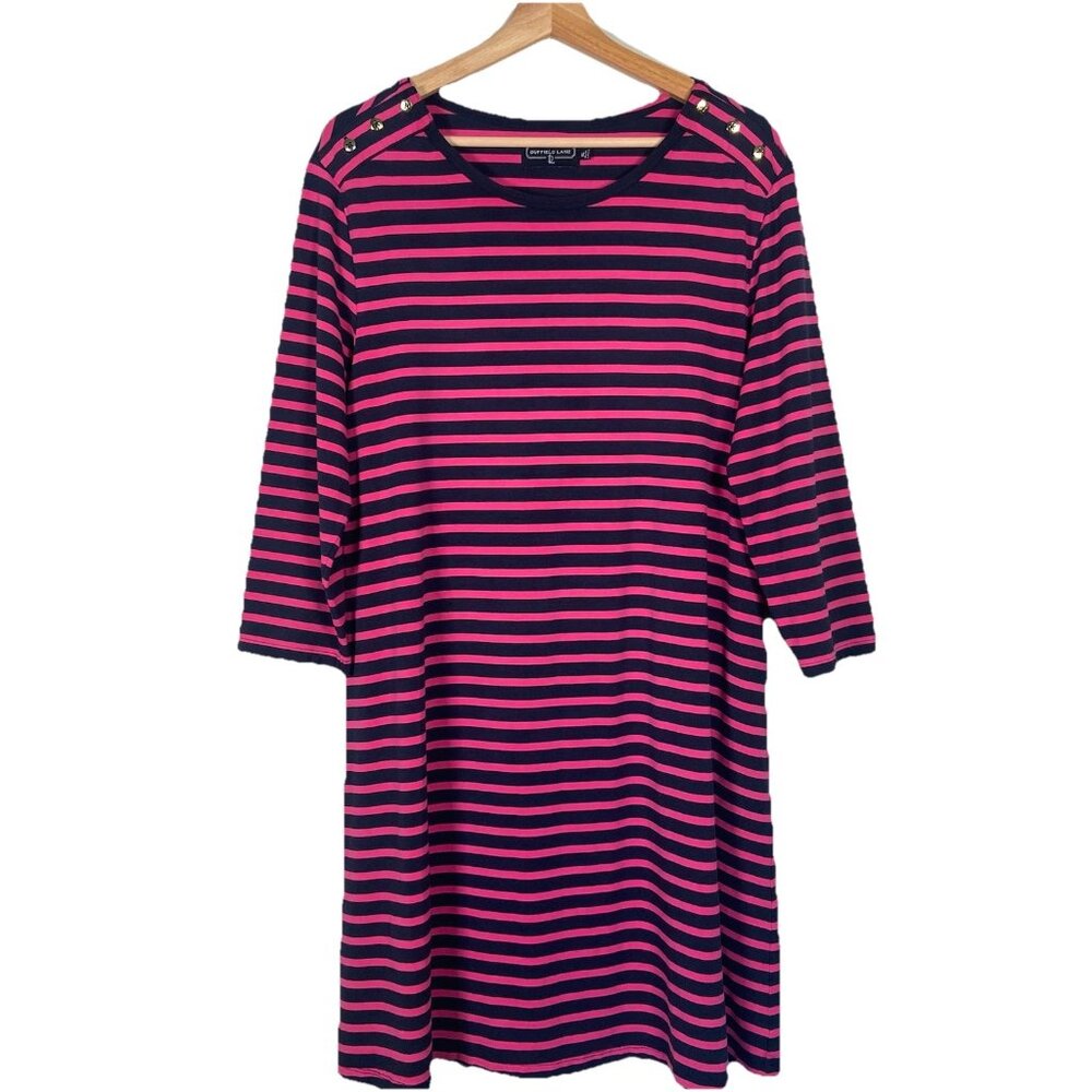 Duffield Lane Dress Size XL Navy Pink Striped Boat Neck 3/4 Sleeve Shift‎ Resort